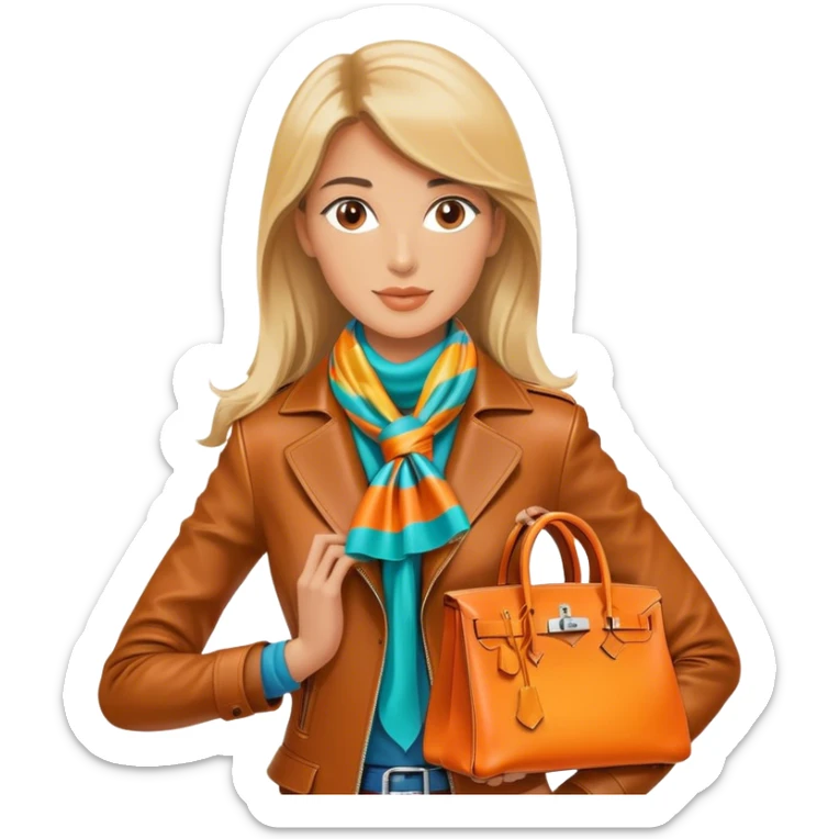 Elegant and tan equestrian woman wearing a leather Hermes jacket and a multicolored silk scarf around her neck. She has an orange Hermes Birkin Bag. I want the image to be close up, starting from the waist up.  sticker