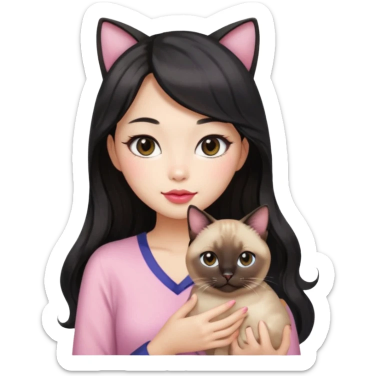 Asian woman with fair skin holding a Siamese cat, black see-through bang front hair, long wavy hair, round brown eyes, light pink blush, pink lips, warm atmosphere, Apple emoji style sticker
