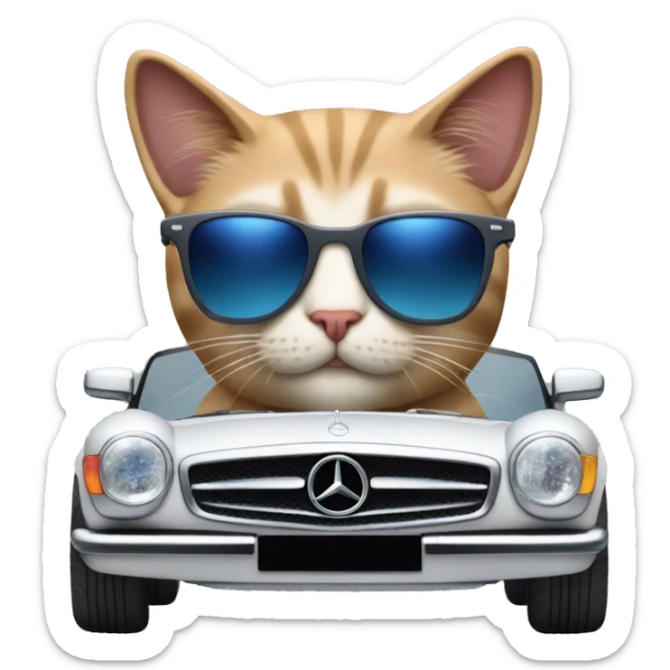 cat driving an mercedes with sunglasses on but he sunglasses are red and blue sticker