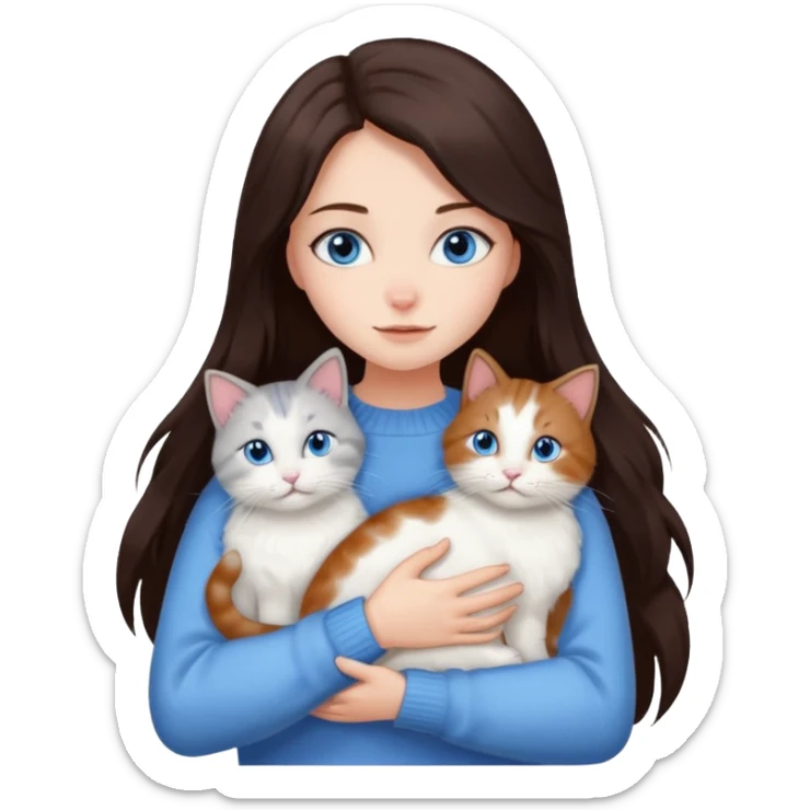 a girl with long dark 
brown hair, with blue eyes, in a
white sweater, hugs 3 different natural coloured cats sticker