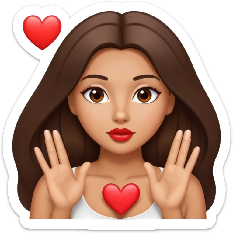 tanned beautiful girl kiss with pump lips and brunette straight long hair showing heart sticker