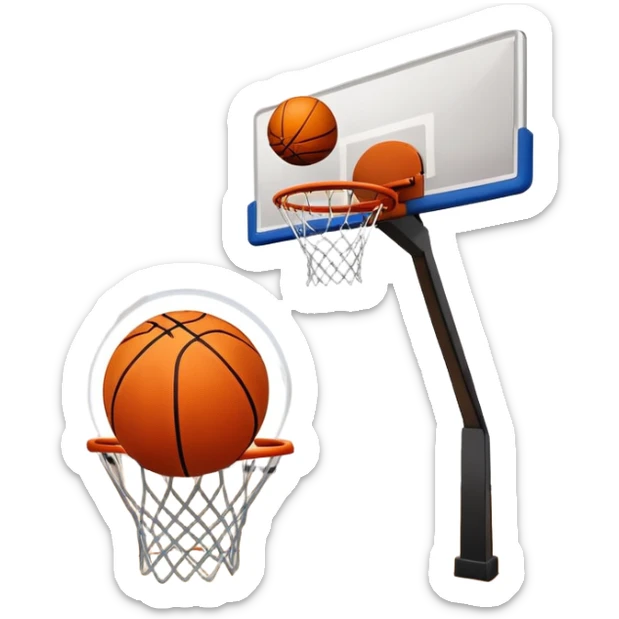 A close-up shot of a basketball entering the hoop, with the ball swishing through and inside  the basket. The background features a blurred basketball court, emphasizing the perfect shot and the excitement of the game. sticker