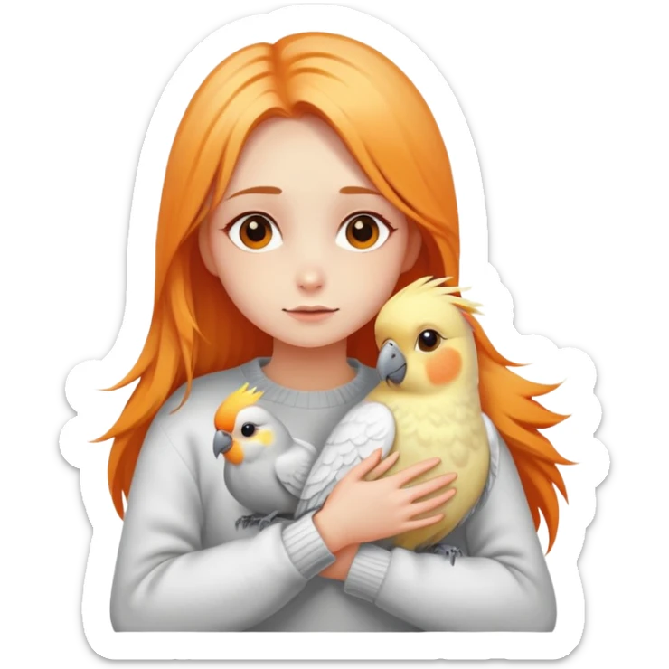 a girl with long orange light hair, in a white sweater, hugs two cockatiel bird, one yellow and other yellow with gray sticker