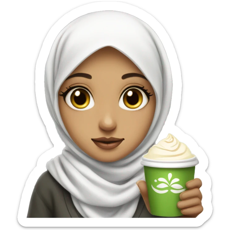 cute hijabi girl with big eyes, white skin and with matcha latte in her hands sticker