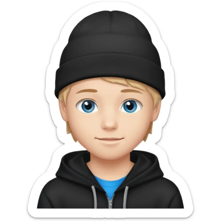 handsome and young teen pinterest boy good at fashion. popular among 'that brat girl', wearing hoodie (no blue) and beanie with blue eye  and little smile  sticker