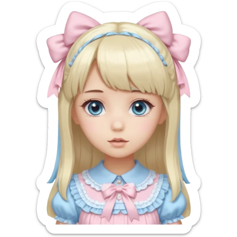 girl , who has straight hair blonde and baby bule swirled hair with bangs , grey eyes , and doll like makeup , in a light pink lolita hime gyaru dress  sticker