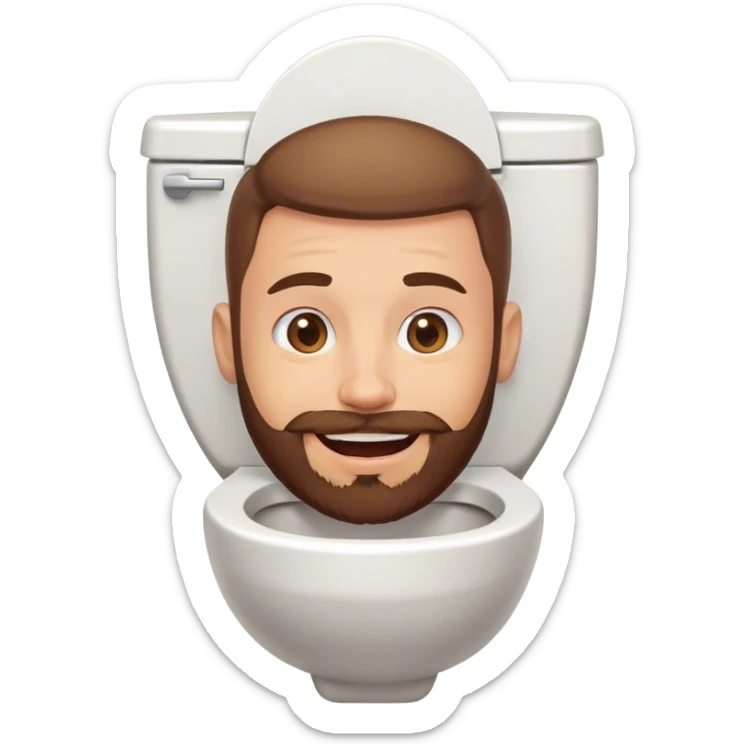 A toilet with a guy with a brown beard and light skin’s head sticking out of it, smiling sticker