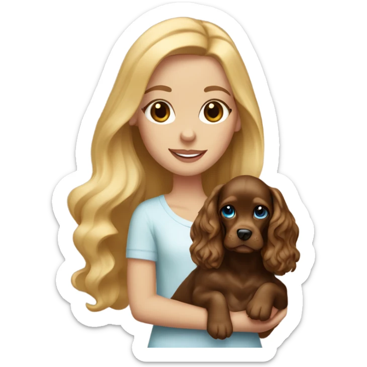 Blonde girl with blue eyes holding a golden brown english cocker spaniel sticker