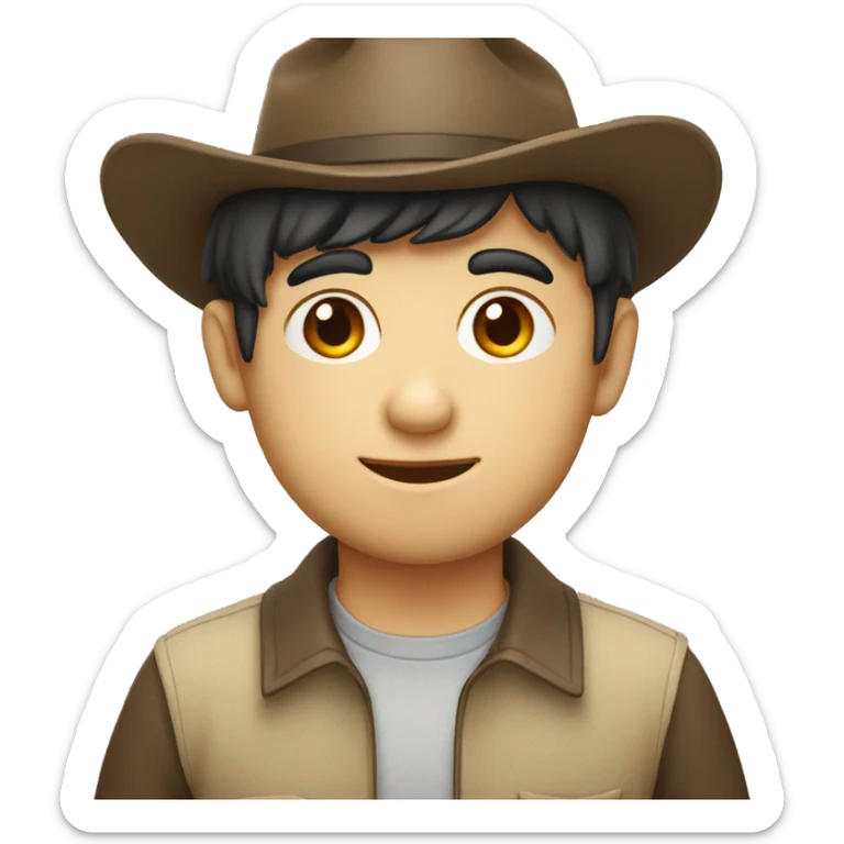 Face emoji, boy in hat with fair skin and dark hair, holding laptop sticker