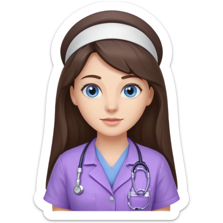 pretty brunette nurse with long hair and blue eyes in lilac scrubs sticker