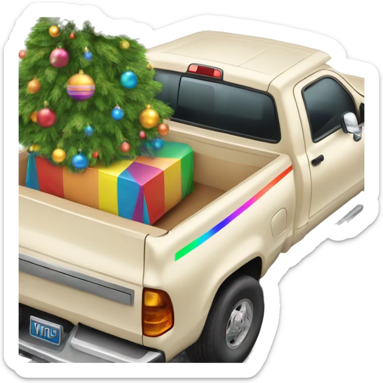 Manila cream color pickup truck with rainbow stripe, Christmas tree in the truck bed sticker