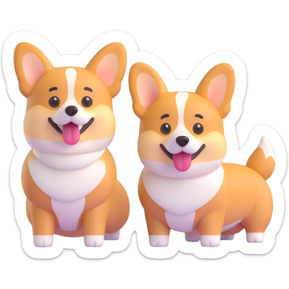 Remove the small corgi with the flower, leaving only the two adult corgis in the image. Keep the 3D emoji style and make the background transparent. sticker
