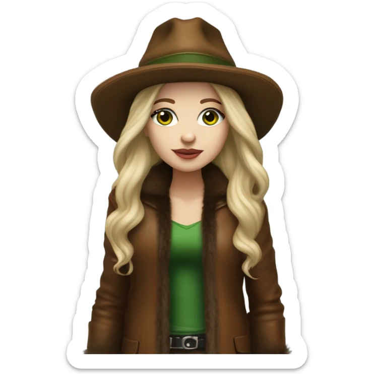 Realistic White girl with Long straight blonde hair, green eyes, tattoos, full body wearing Brown fur coat and fur hat and Brown leather boots sticker