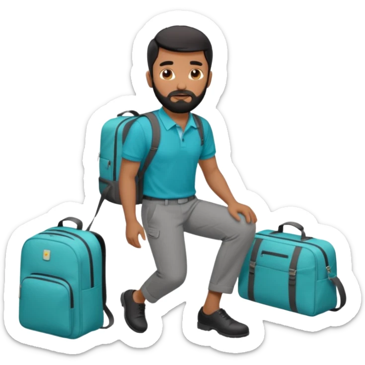 man with black short male hair and black hair and beard and hes in a office with his grey backpack on the floor and he has a tourquose polo shrit with gre dress pants and hes working at a hotel sticker