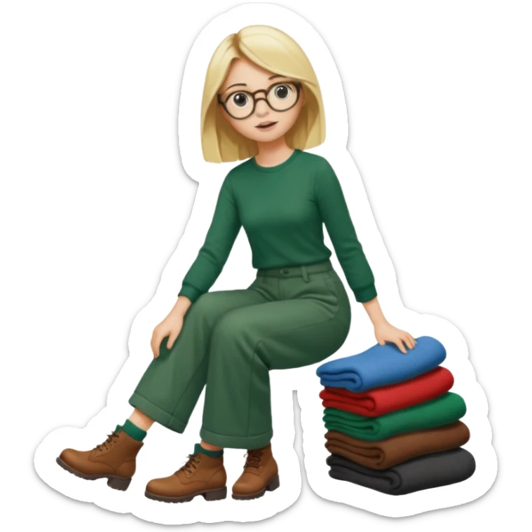 Fille blonde, pantalon ample vert foncé. Lunettes ronde fine. Bottines marrons. Elle pousse une cargaison de chaussettes  sticker