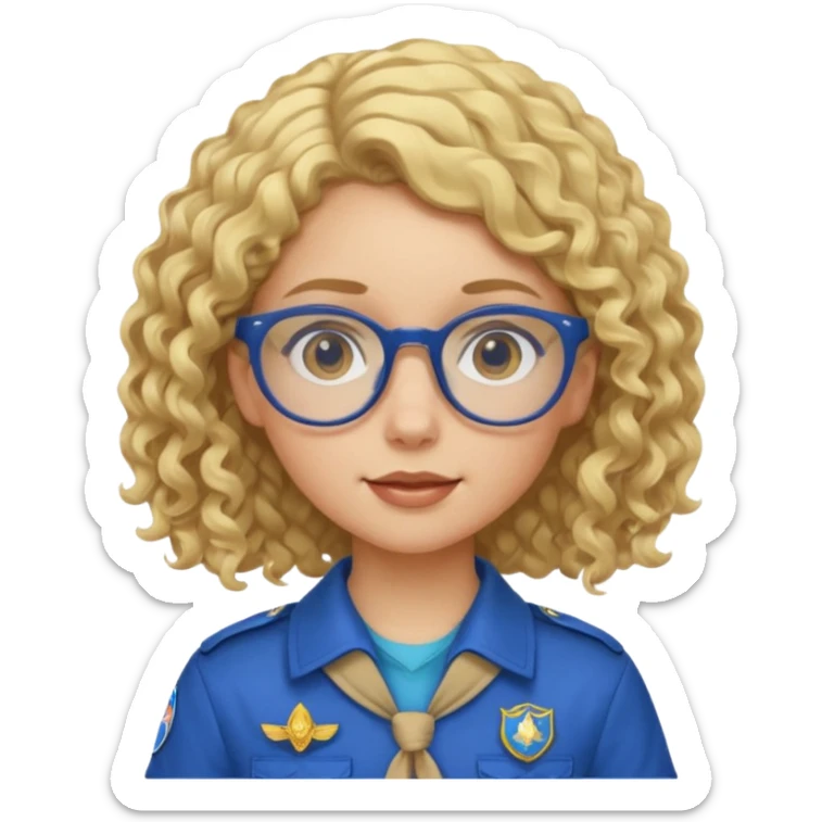 scout girl with blue scout uniform, blonde curly haired and glassess sticker