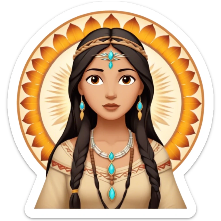 Cinematic Radiant Pocahontas Portrait Emoji, rendered in a vector-style with clean lines. Show Pocahontas with luminous, sun-kissed skin and flowing dark hair adorned with subtle natural ornaments, her expression calm and kind, dressed in simple traditional attire with earthy tones. The image glows softly with a warm, inviting radiance, enhanced by a soft glowing outline. sticker