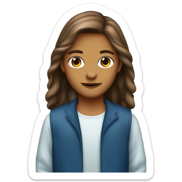 Una chicacon el pelo castaño clarito, ojos marrone muy oscuros, sin pecas, nariz recta, con bastante pecho y la ropa de color azul sticker