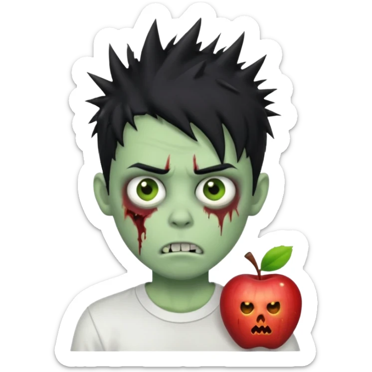 zombie boy with messy spiky black hair, white shirt, pale green skin, apple emoji style sticker