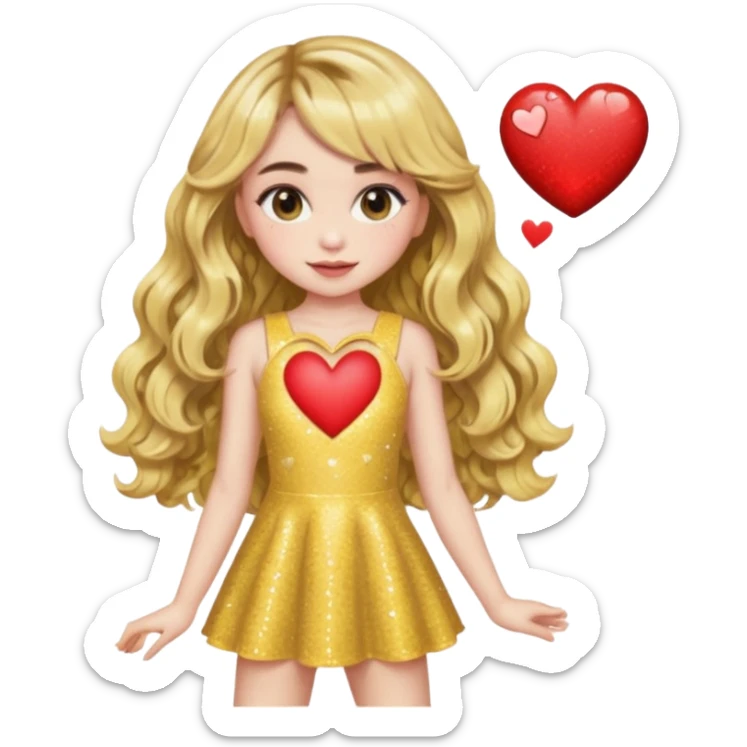 sabrina carpenter in yellow sparkly mini dress with a heart cutout and wavy long hair with wavy bangs sticker