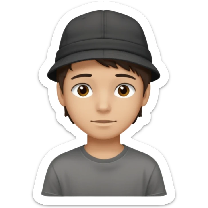 Create a teen boy wearing a faded black T-shirt. He will have brunette hair, tan skin, and dark brown eyes. He is wearing a gray hat turned backwards. sticker