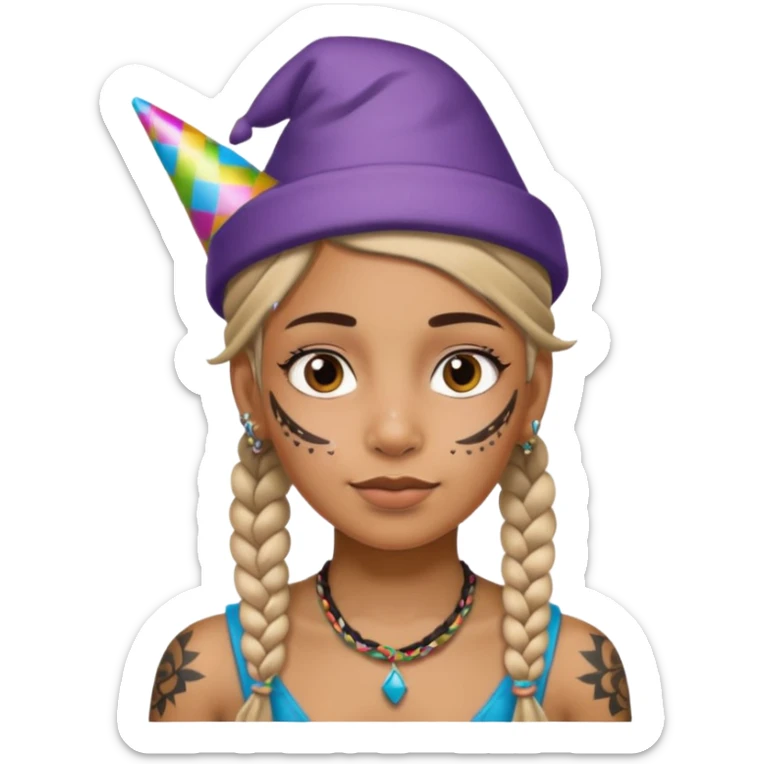 braided and tattoedbraided with lots lots lots of face tattooes and a party hat sticker