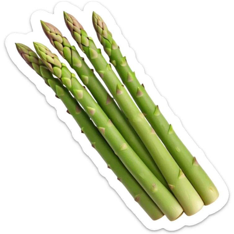 asparagus spears, bundled, green with tight pointed tips, stalks fade to pale at base, smooth surface, faint vertical ridges, natural color, stems aligned and slightly curved, no string or garnish, soft lighting, emoji scale sticker