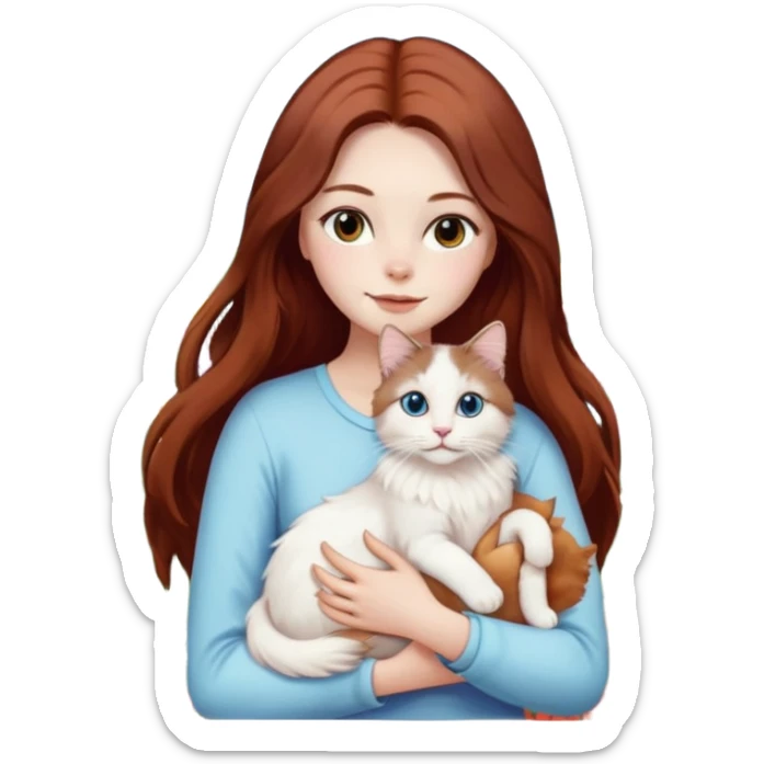 A woman with long dark auburn hair holding a white ragdoll cat in a field of flowers sticker