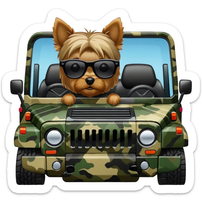 yorkie wearing sunglasses driving a camo hummer  sticker