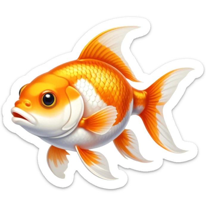 Cinematic Noble Orange and White Goldfish Portrait Emoji, Poised and regal, with a sleek, streamlined build and a vibrant body featuring a harmonious blend of orange and white hues, deep-set soulful golden eyes, Simplified yet sharp and sophisticated features, highly detailed, glowing with a soft, dignified glow, high shine, intelligent and graceful, stylized with an air of aquatic artistry, focused and attentive, soft glowing outline, capturing the essence of a watchful and confident aquatic companion, so majestic it feels as though it could glide out of the screen with effortless authority! sticker