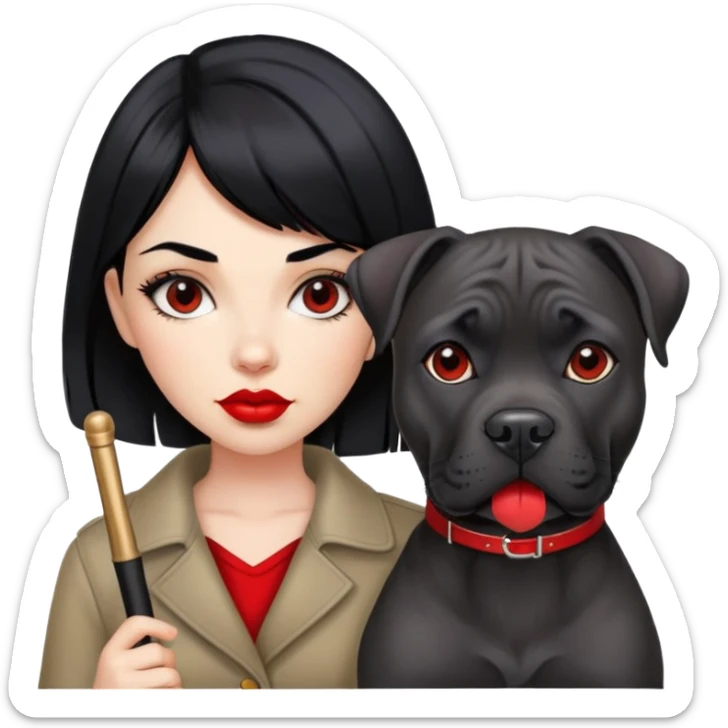 Fashionable girl with black hair and red lips with a Cane Corso dog sticker