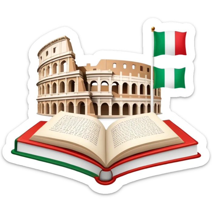 An icon featuring the Colosseum and the flag of Italy, symbolizing the Italian language. The design includes an open book with Italian phrases and a gondola, representing language learning and cultural exploration. Transparent background sticker