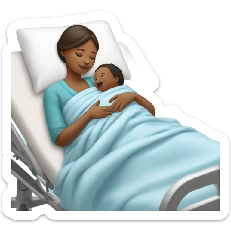A mother lying on a hospital bed, cradling her newborn baby wrapped in a soft blue swaddle blanket.






 sticker