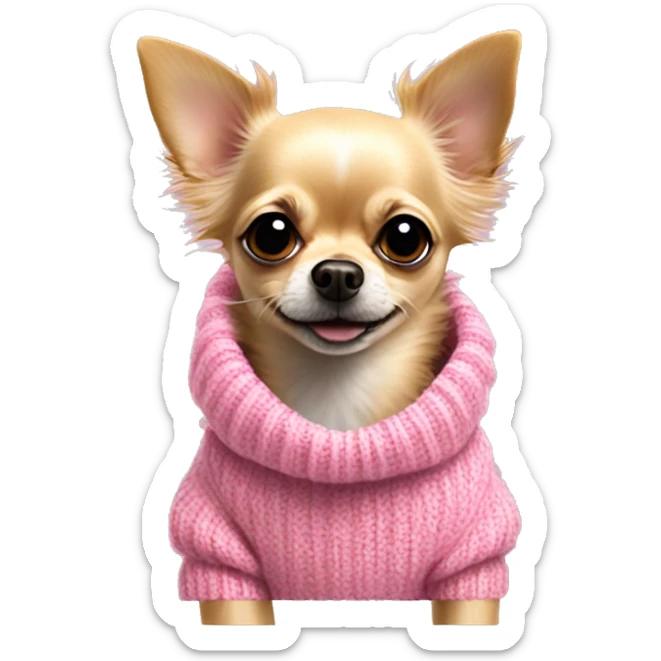 little scruffy coarse haired blonde chihuahua in a huge pink sweater sticker