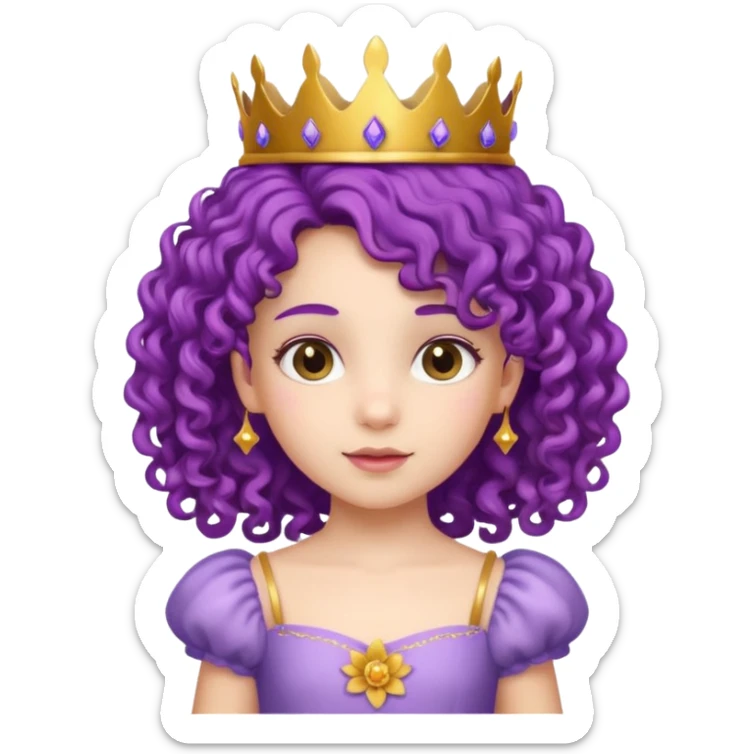 Princesses kid girl, with Gold Crown and flower on purple curly hair, with white dress sticker
