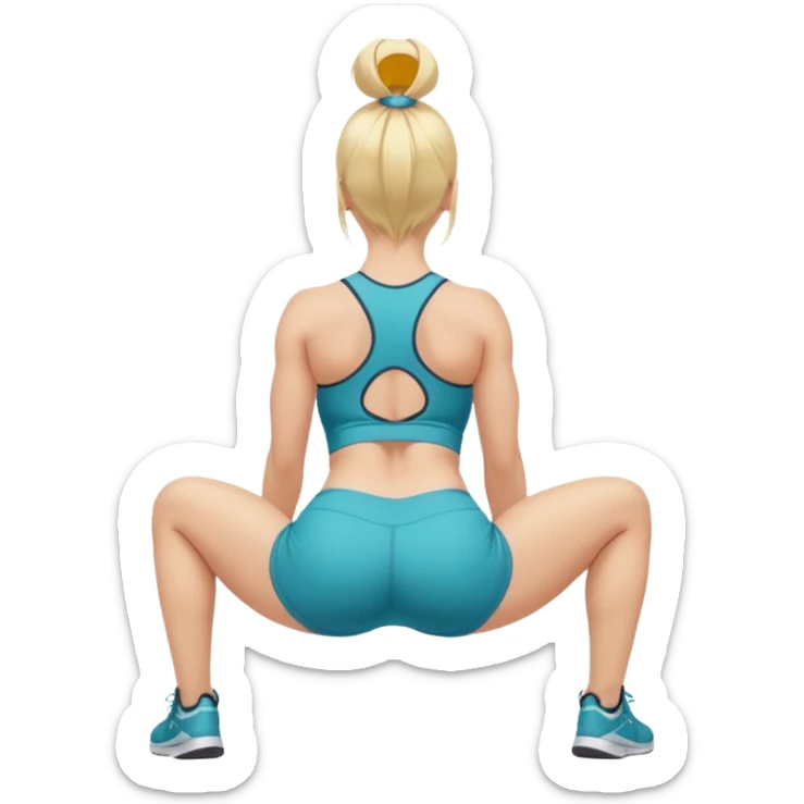 buxom blonde fitness trainer, back view, bending over, sitting on soles, SFW, sporty outfit, playful pose, no nudity sticker