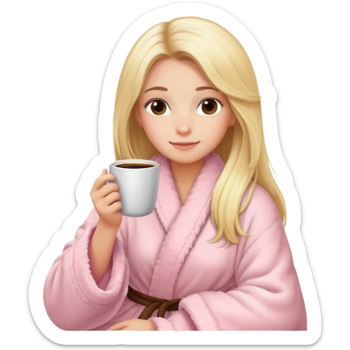 girl with long blonde hair sitting a cup of coffee wearing light pink fluffy to robe sticker