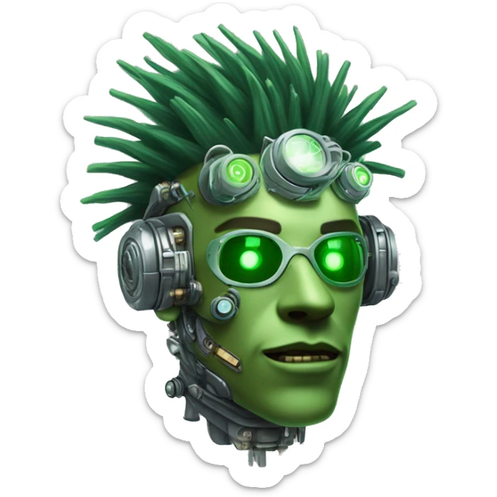 Green male cyborg head with green Mohawk, grey steampunk goggles and circuitry sticker