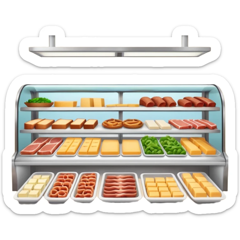 A 3D cartoon deli counter filled with meats, cheeses, and salads, bright lighting, Memoji-style realism. sticker