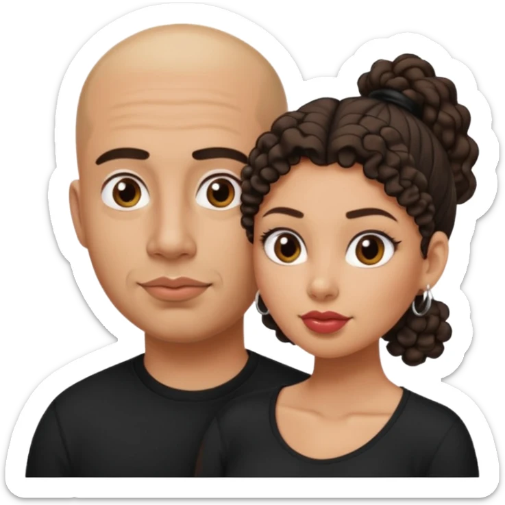 A picture of a tanned couple. the man is a Mexican man with tanned skin, a bald hair cut, short shaved beard and wearing a black shirt. the woman is mixed, with curly medium length hair in a pony tail, with big boobs and lips  sticker
