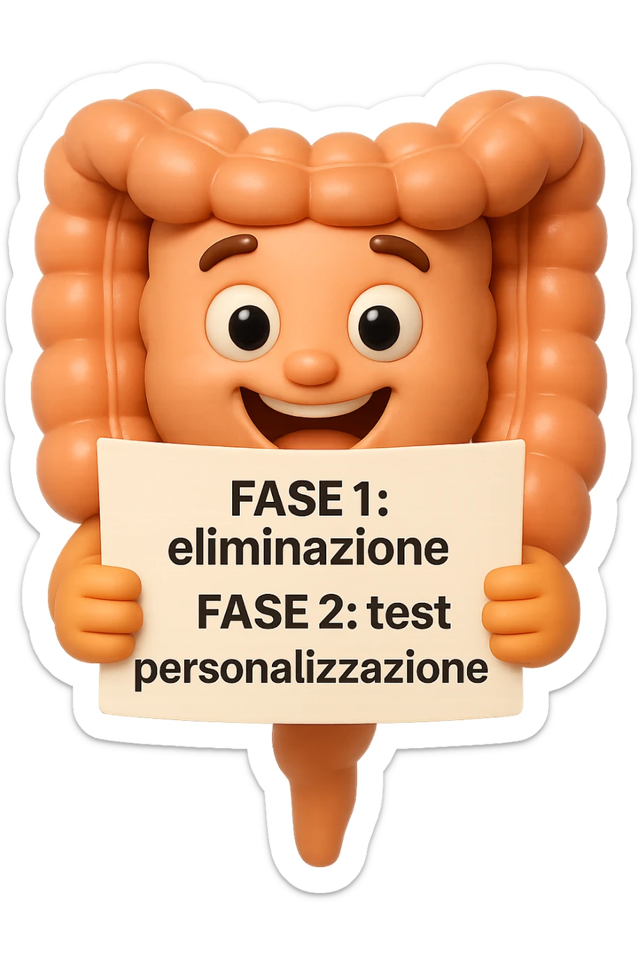 emoji stile iphone 3d di un intestino che tiene in mano un foglio con la scritta "FASE 1: eliminazione, FASE 2: test, FASE 3: personalizzazione, IPERREALISTICO 4K sticker