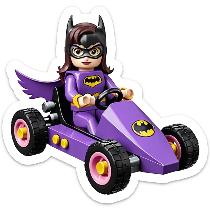 Hot full size real size-appearance electric racing action Lego BatGirl’s feminine midnight-colored tight outfit sixty’s tv show 1992 dark stealthy sporty safe plush petite off-road pursuit cruiser car rose gold accents (black hair,reclined and relaxed torso and shoulders seating position) go kart  sticker