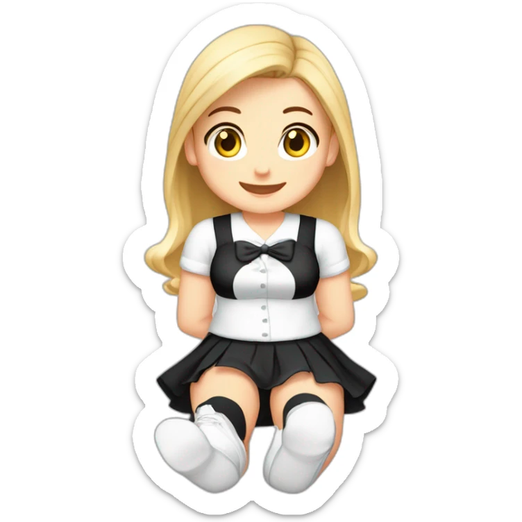 Front view full body curvy caucasian beauty sitting straight hands up black skirt white knickers white socks sticker