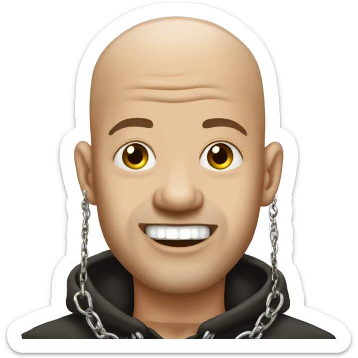 almost bald man with earrings and a chain. he has his tounge out and his two hands are foward s if he was trying to grab us sticker