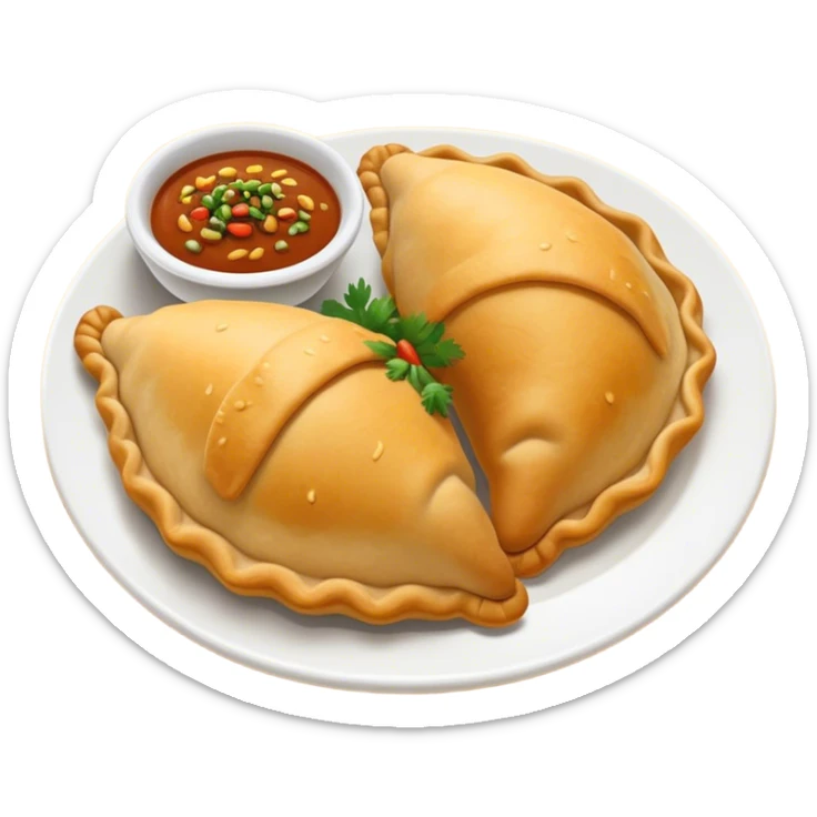 Cinematic Realistic Colombian Cornmeal Empanadas Emoji, showcasing the golden, crispy shell filled with savory meats and spices, served with a side of aji dipping sauce, rendered with vibrant textures and warm, inviting lighting. sticker