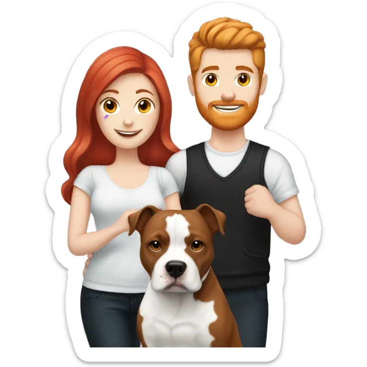 Red haired couple holding black and white English staffordshire sticker