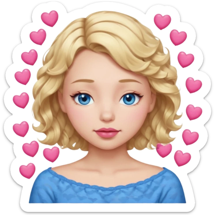 Girl Blonde short wavy hair,  blue eyes, cute blue top, long lashes, pink lips, sleeping eyes closed, hearts  sticker