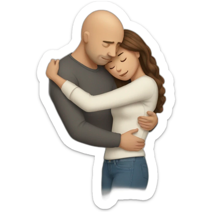 Bald male Hugging a woman with long brown hair for comfort upper body only looking sad sticker