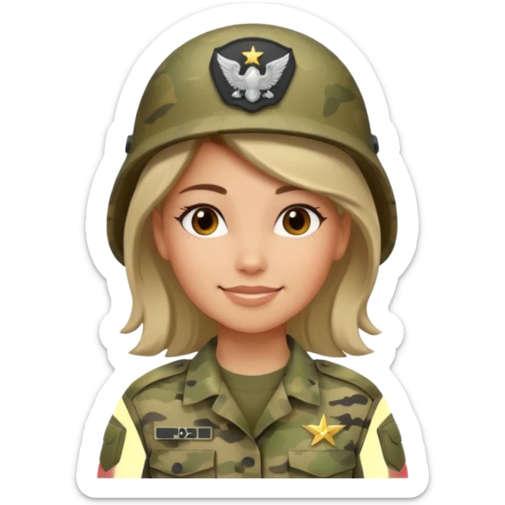 Female soldier emoji in Apple style, no cap/helmet, bust portrait, gentle smile, generic camo, hair visible, soft gradients, transparent PNG sticker