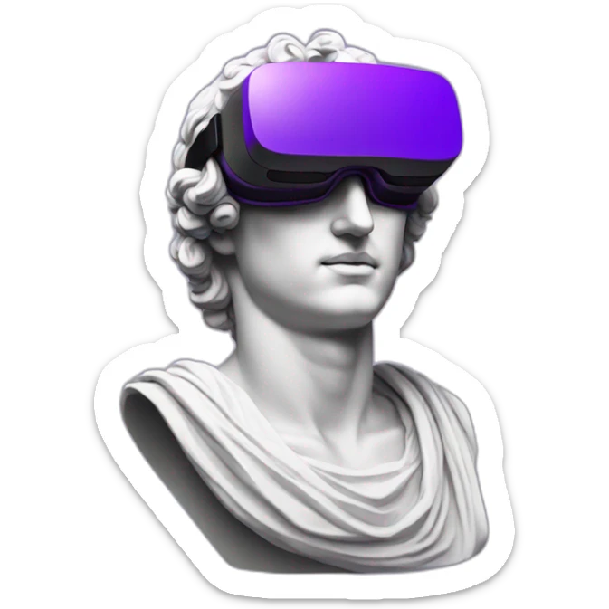 an EMOJI OF A ancient young greek statue, wearing VR headset, purple colors, DIGITAL UNIVERSE sticker
